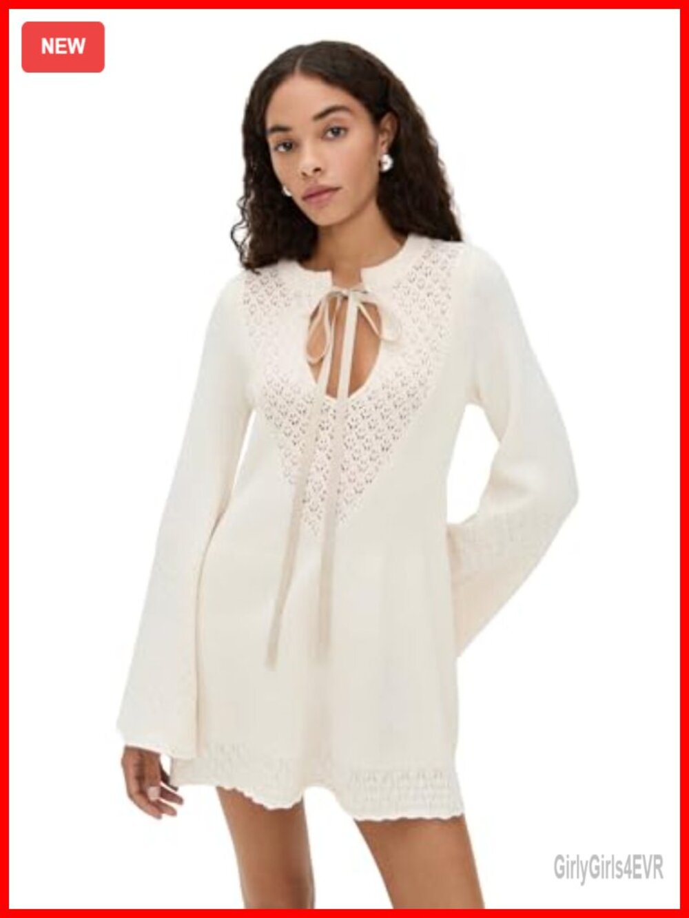Ribbed Knit Mini Sweater Dress with Pointelle Bell Sleeve Detail
